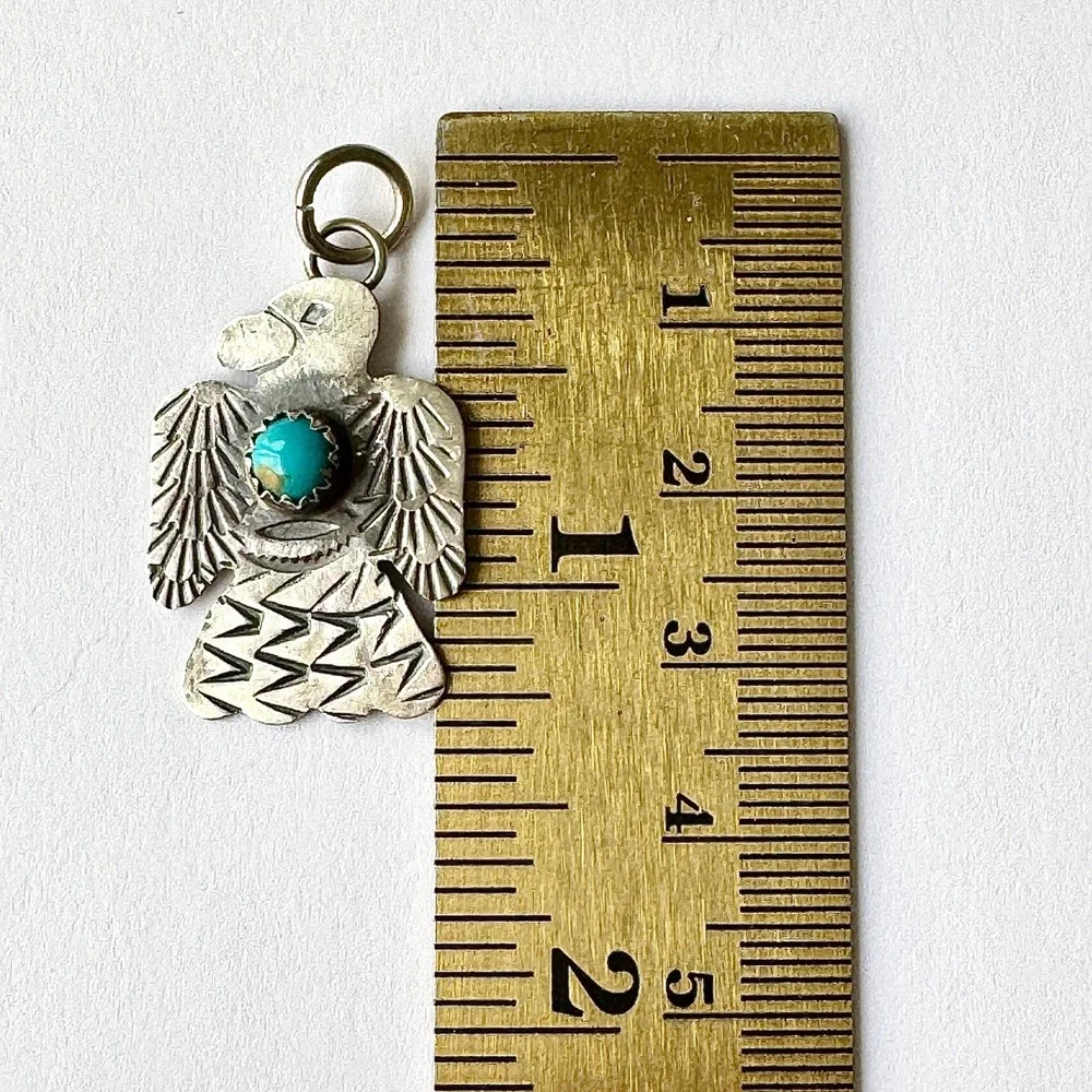 Navajo Thunderbird Pendant Turquoise 1.25in Signed Yazzie Stamped Matte Sterling